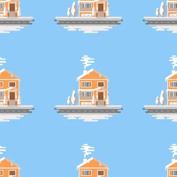 Snowy house seamless pattern on blue background. Christmas pattern vector. Illustrazione stock