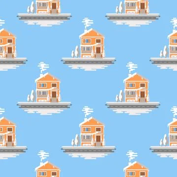 Snowy house seamless pattern on blue background. Christmas pattern vector. Stock-Illustration