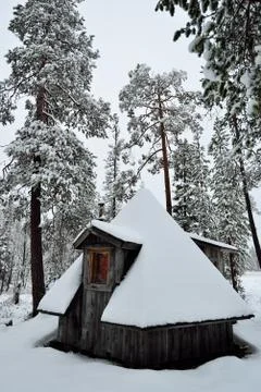 Snowy hut in Lapland, Finland. Stock Photos
