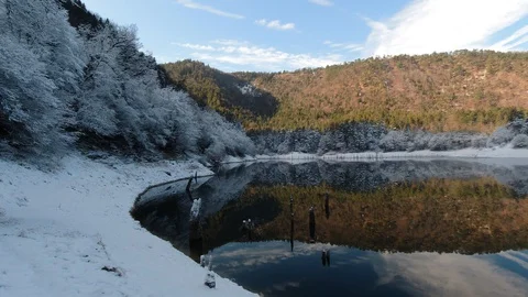 Snowy lake between the mountains Stock Footage 130018676