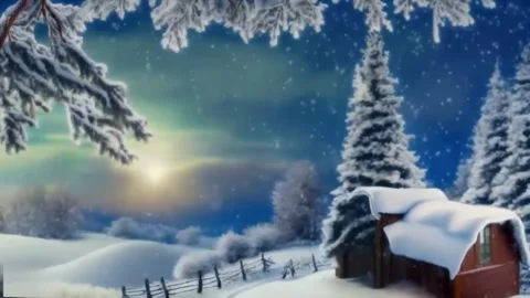 Snowy land, sunset in the background, tiny, wooden, cottage, tall trees, Ch.. Vídeos de archivo 255897617