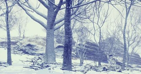 Snowy landscape with bare trees and rocky hills during winter twilight Stock Illustration