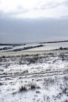 Snowy landscape with fields and a distant village under a cloudy sky during.. Foto stock