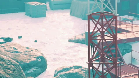 Snowy Landscape With Industrial Elements and Rocky Terrain in Winter Light 스톡 동영상 344909991