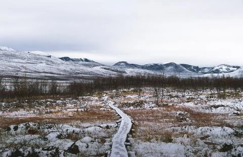 Snowy landscape at the intersection of the borders of three countries Stock Photos