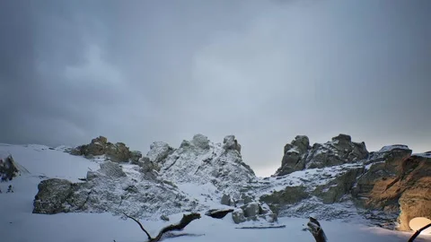 A snowy landscape with a large mountain in the background Stock Footage 292098288