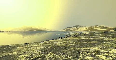 Snowy landscape with soft light over calm water near mountains at dusk Ilustração Stock