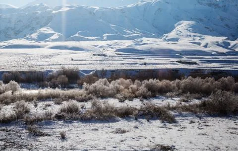 Snowy landscape from the train window Stock Photos