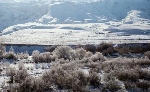Snowy landscape from the train window Foto stock