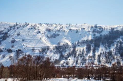 Snowy landscape from the train window Stock Photos