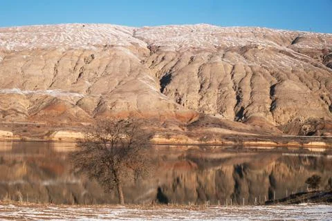 Snowy landscape from the train window Foto stock