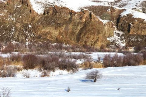 Snowy landscape from the train window Stock Photos