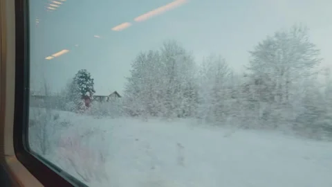 Snowy Landscape Viewed from a Train Window Stock Footage 313741335