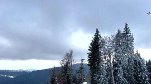 Snowy mountain landscape with moving clouds and flying bird Stock Footage 312806431