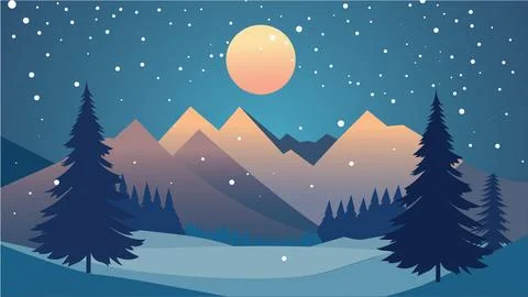 Snowy Mountain Landscape with Pine Trees Forest in Snow Winter Season and F.. Stockillustratie