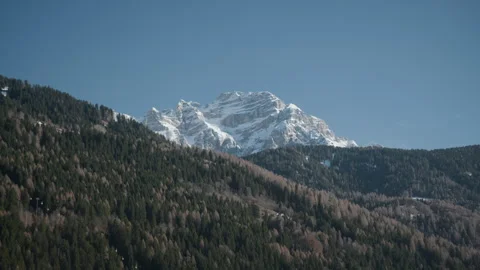 Snowy mountain peak bare trees valley handheld shot 库存影片 341339050
