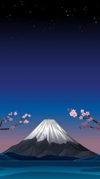 Snowy Mountain Peak Under Starry Night Sky with Cherry Blossoms 库存插图