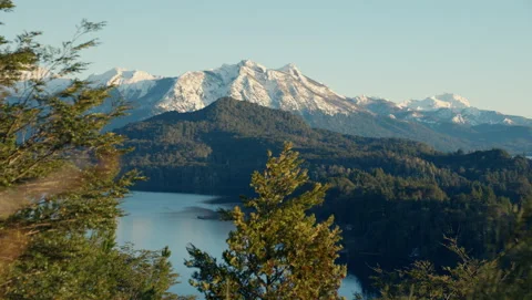 Snowy Mountain Range And Lush Green Forest At Nahuel Huapi Park Stock Footage 231248512