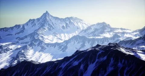 Snowy mountain range with dramatic peaks under clear sky at dawn Stock Illustration