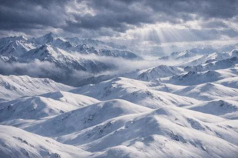 Snowy mountain range landscape with clouds. イラスト素材