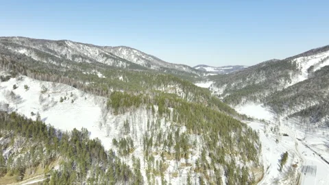 Snowy mountain range rises with fluffy firs covering slopes 動画素材 322041809