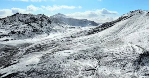 Snowy mountain range under blue sky in Iceland. Epic aerial winter landscape. Stock Footage 242069859