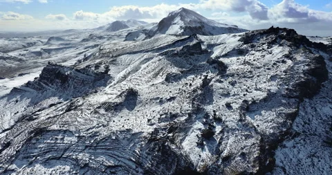 Snowy mountain range under blue sky in Iceland. Epic aerial winter landscape. Stock Footage 242070229
