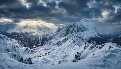 Snowy mountain range under stormy sky. Stock Illustration