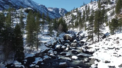 Snowy Mountain River Rapids with Blue Skies Stock Footage 187790500