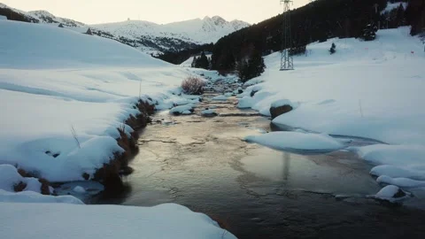Snowy Mountain Valley River Winter Landscape Stock Footage 333295791