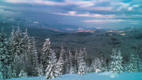 Snowy mountain view, winter forest panorama, frozen landscape drone Video stock 311389889