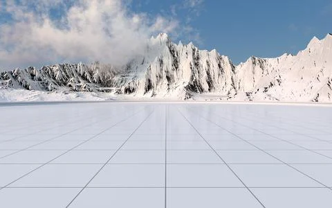Snowy mountains with empty floor background, 3d rendering. Illustrazione stock