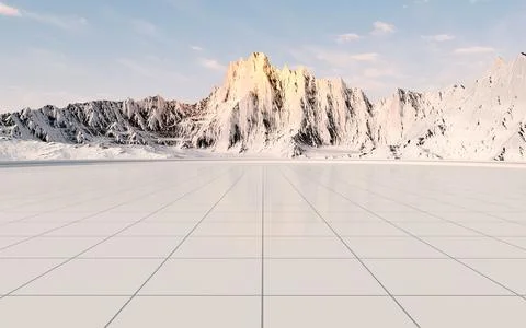 Snowy mountains with empty floor background, 3d rendering. Illustrazione stock