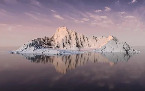 Snowy mountains with sunset background, 3d rendering. Illustrazione stock