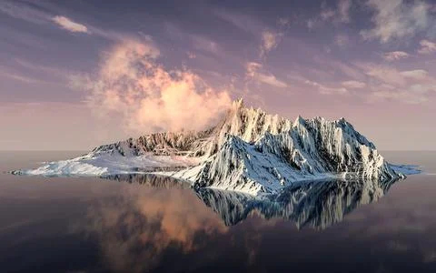 Snowy mountains with sunset background, 3d rendering. Illustrazione stock