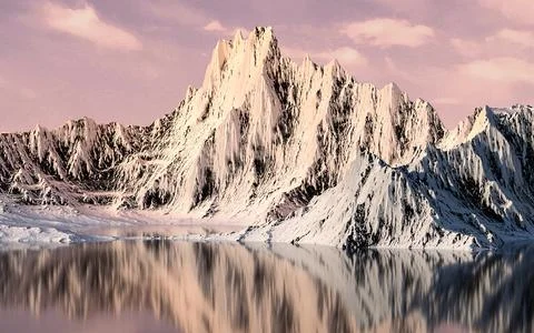Snowy mountains with sunset background, 3d rendering. Illustrazione stock