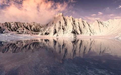 Snowy mountains with sunset background, 3d rendering. Stock Illustration