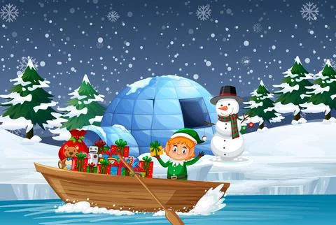 Snowy night with cute elf delivering gifts by rowboat Stock Illustration