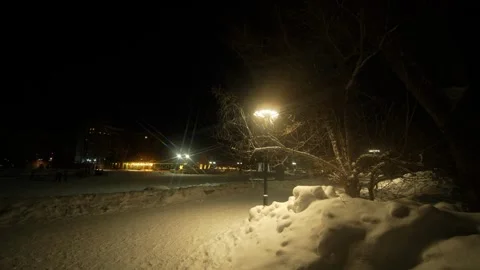 Snowy park paths at night, illuminated by warm yellow street lamps. Stock Footage 328418453