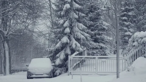 Snowy path with car. Winter falling snow, covered by powder. 스톡 동영상 84786449