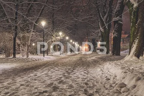 Snowy Path Sidewalk Street Snowfall Lanterns Street Lamps Quiet Scene Peaceful Stock Photos
