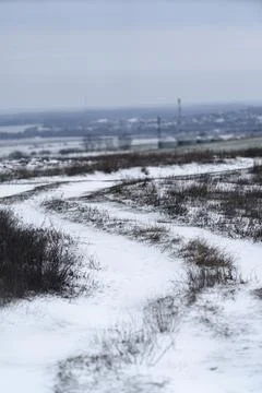 Snowy path winds through field on a cloudy winter day in an open landscape Foto stock