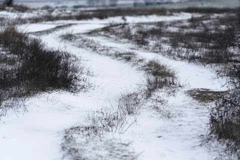 Snowy path winds through field on a cloudy winter day in an open landscape Stock Photos