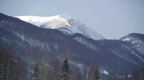 Snowy Peak Surrounded by Tree Covered Mountainside Stock Footage 38058968