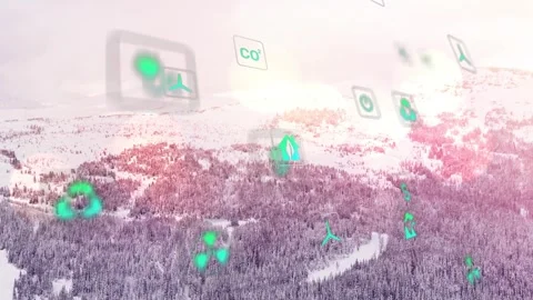 Snowy pine forest receiving green icons appearing from right, drifting and Stock Footage 333925064