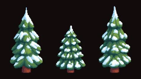 Snowy Pine Trees Pixel Art Set on Dark Background Stock Illustration