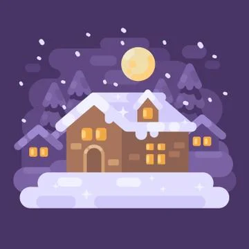 Snowy purple winter village landscape with a house. Christmas night flat illu Stock Illustration