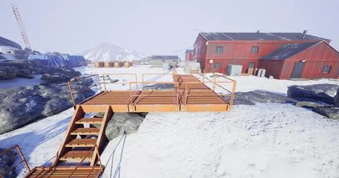 Snowy research facility with connecting bridge and industrial equipment Stock Illustration
