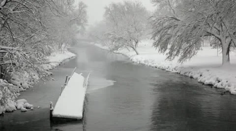 Snowy River: Dock and trees in snowstorm Stock Footage 15172578