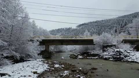 Snowy River Under a Bridge in a Winter Landscape Video stock 300508433